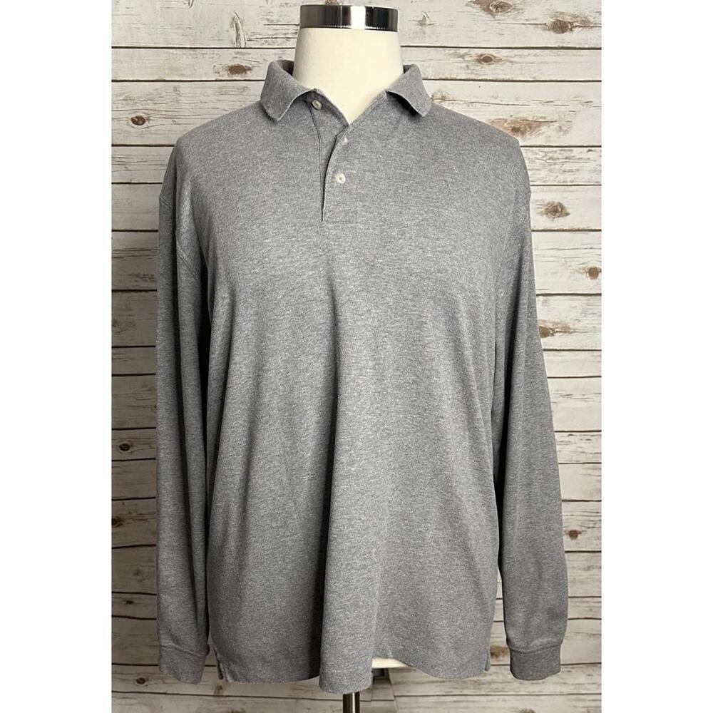 Lands' End classic heather grey Pima cotton long sleeve polo shirt Size XL